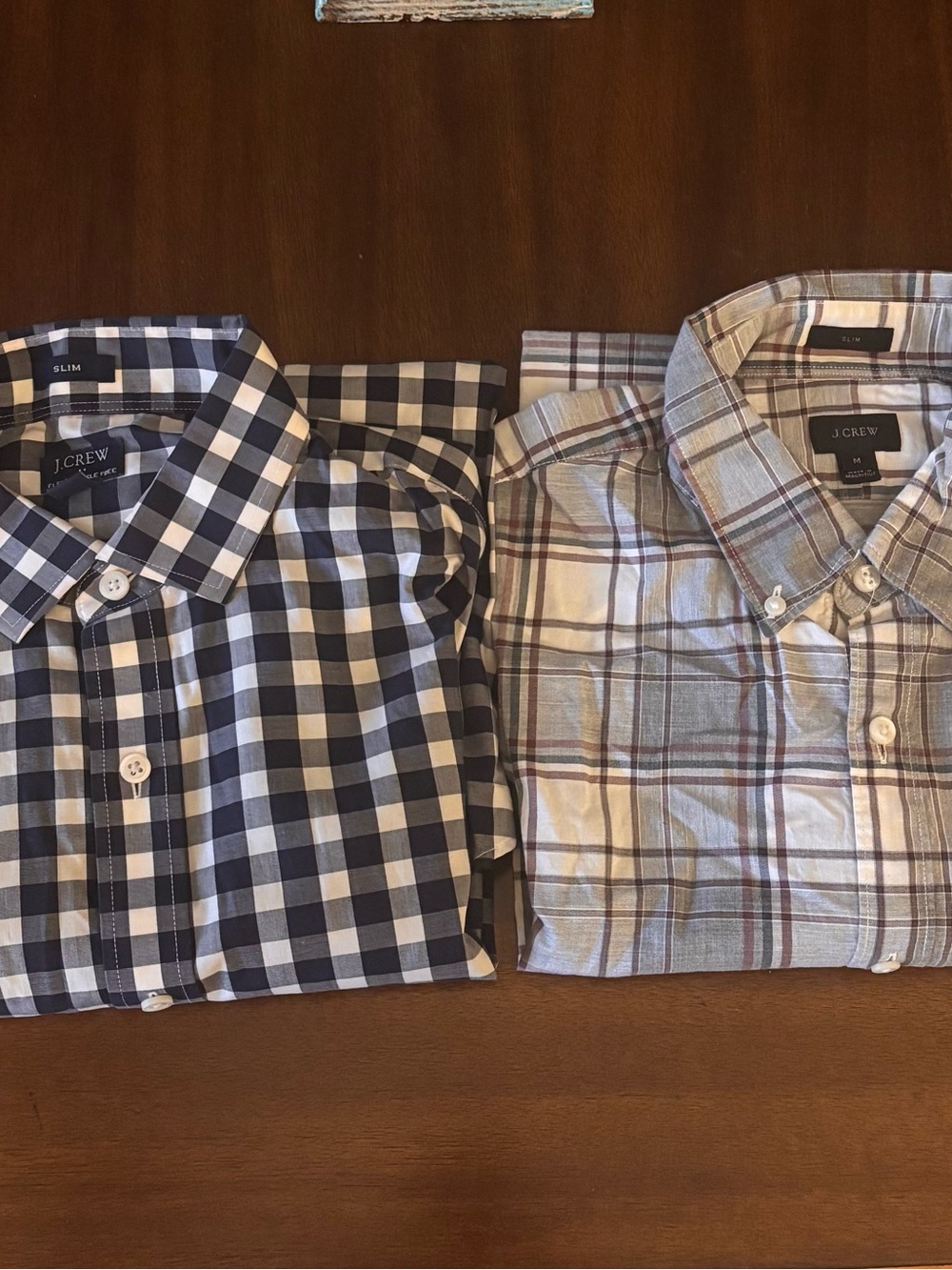 Two J.Crew Men’s Navy and White / Grey and White Plaid Long Sleeve Shirts Size M